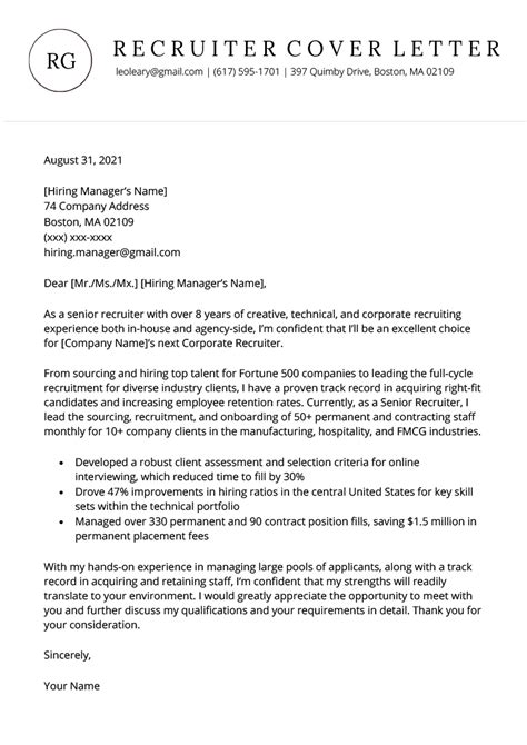 Address your cover letter to the hiring manager, even if the letter will go through a recruiter. Recruiter Cover Letter Downloadable Sample | Resume Genius