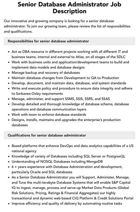 Senior Database Administrator Job Description Velvet Jobs