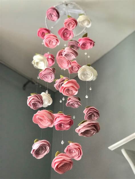 Mixed Pinkswhite Crystals Pearls Felt Flower Mobile Roses Etsy