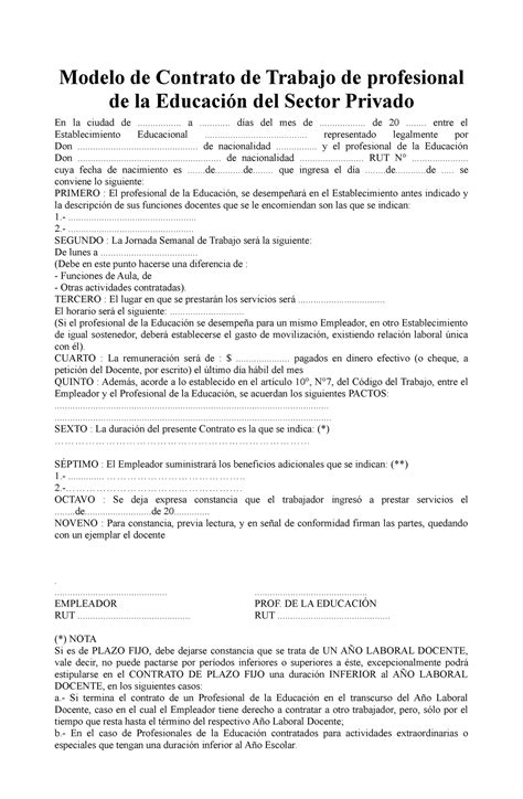 Contrato DE Trabajo Sector Privado - Modelo de Contrato de Trabajo de