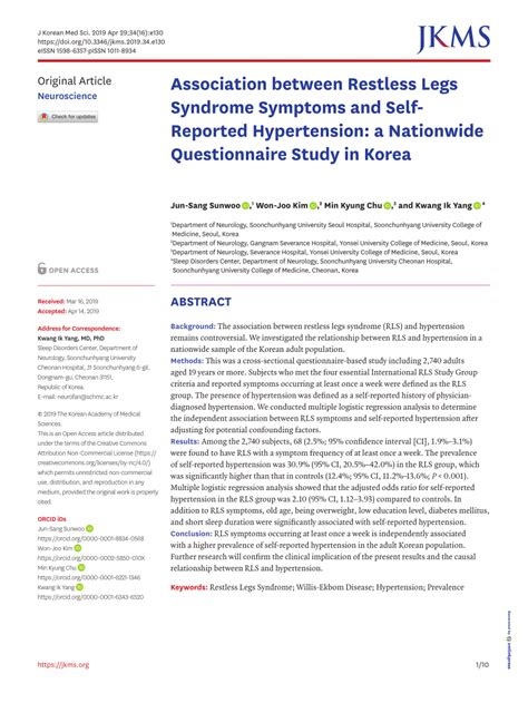 Pdf Association Between Restless Legs Syndrome Symptoms And Self Reported Hypertension A