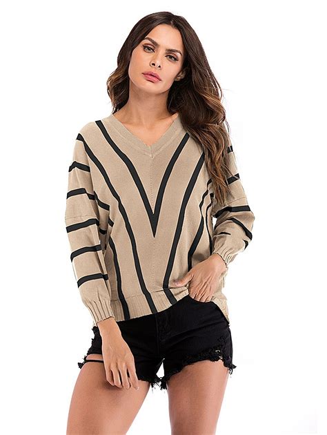 Sovalro Autumn Women Sweater Winter V Neck Long Sleeves Striped Casual