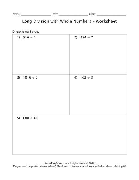 Long Division Whole Numbers Worksheets