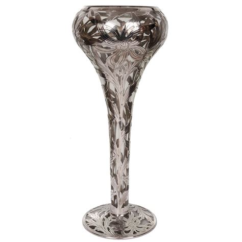 Art Nouveau Sterling Silver Overlay Clear Glass Vase From