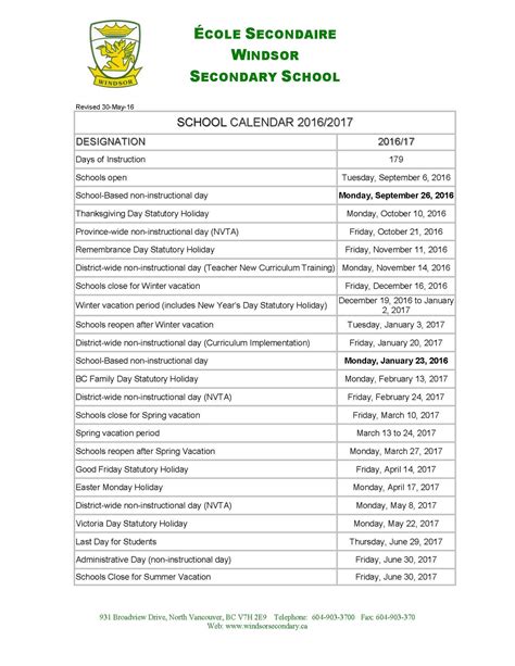 School Calendar 201617 Windsor Secondary