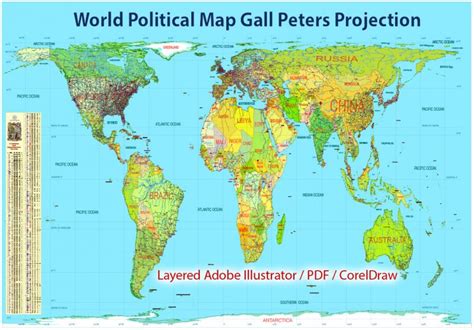 Printable World Political Map Gall Peters Projection Editable Coreldraw