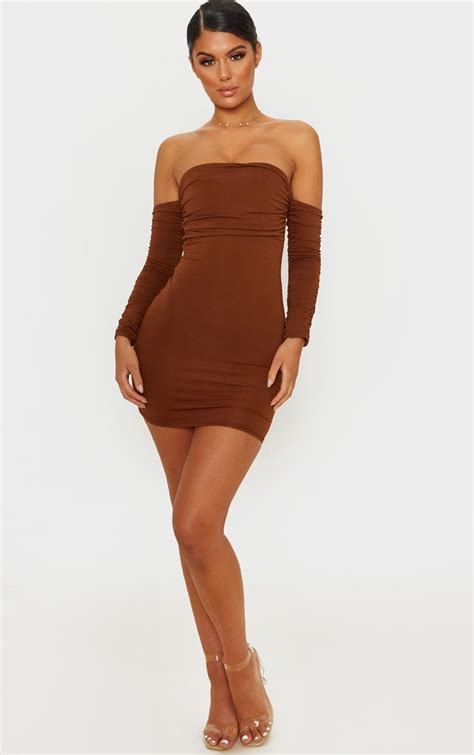 Chocolate Brown Slinky Ruched Sleeve Bodycon Dress Prettylittlething