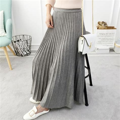 2018 Winter Maxi Skirt Knit Loose Woman Gray Skirts High Waist Long