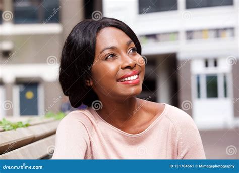 Young Black Woman Looking Up And Smiling Outside Stock Image Image Of