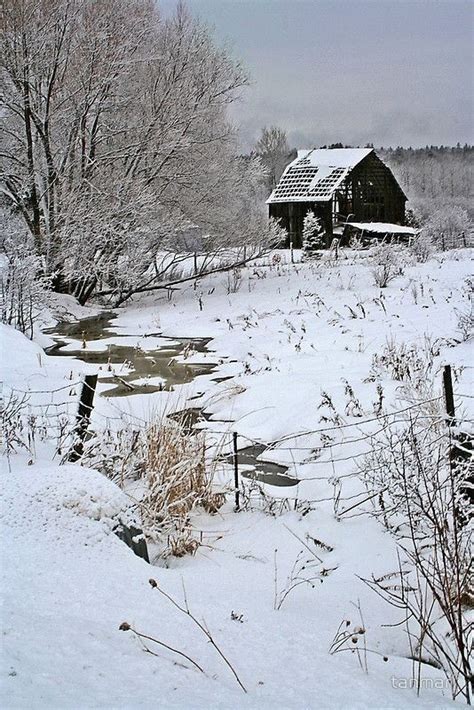 Snow Barn And Creek By Tanmari Winter Scenery Winter Pictures