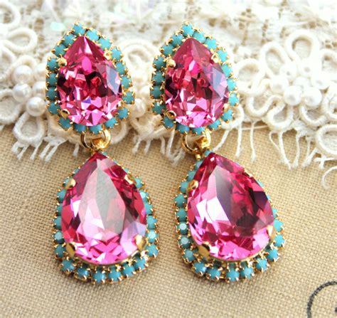 Pink Chandelier Earrings Pink Earrings Gold Plated Earrings
