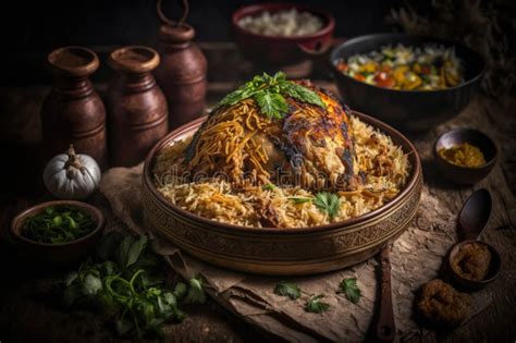 Saudi Arabian Dish Chicken Kabsa With Rice Mandi Illustration Ai