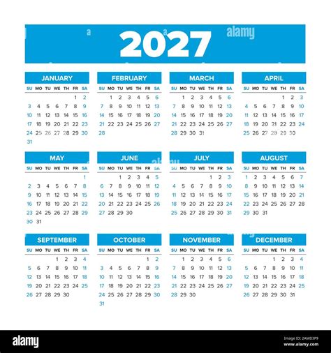Simple Vector Calendar 2027 Weeks Start On Sunday Stock Vector Image