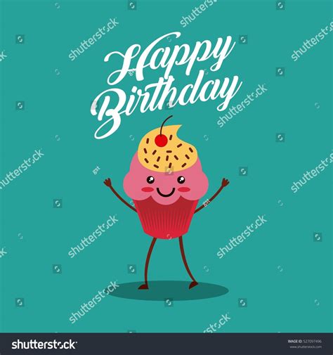vektor stok happy birthday card cartoon cupcake kawaii tanpa royalti 527097496 shutterstock