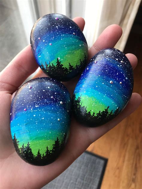 Hand Painted Stone Keepsake Northern Lights Art Acrylic Painting Galaxy Painting Celestial