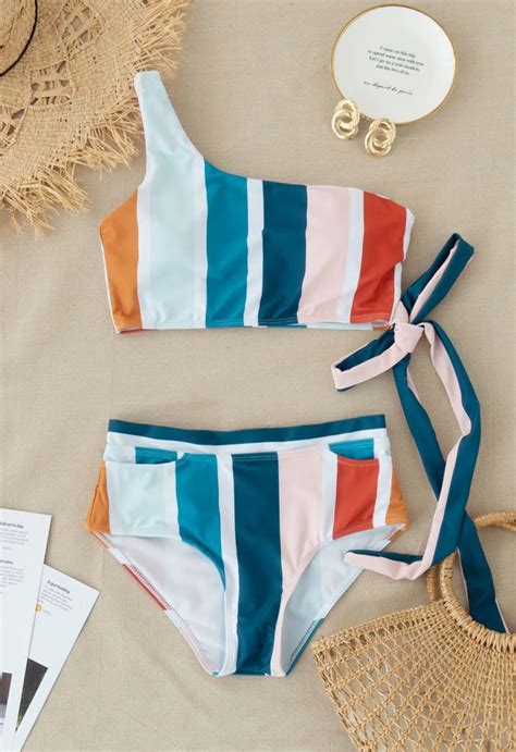 color block stripe bowknot one shoulder bikini set retro indie and unique fashion