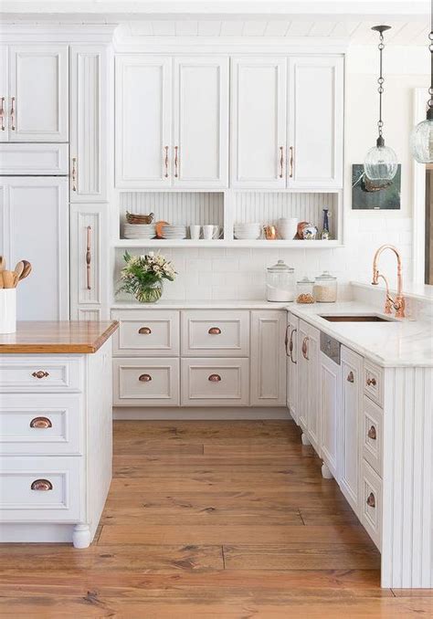 Hampton bay hampton satin white raised panel stock assembled wall kitchen cabinet (12 in. White Kitchen Cabinets with Copper Cup Pulls and Copper ...