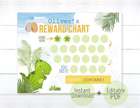 Editable Dinosaur Reward Chart For Kids Printable Fillable Pdf Etsy