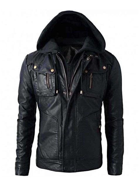 Mens Brando Style Biker Real Leather Jacket Detach Hood The Film