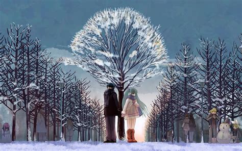 Snow Sky Ice Tree Couple Anime Love Forest Wallpapers Hd