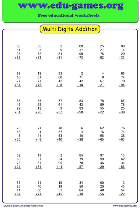 Addition Worksheet For Multi Digit Numbers