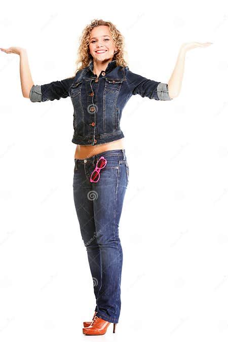 Woman Blonde Standing Full Body In Jeans Isolated Stock Image Image