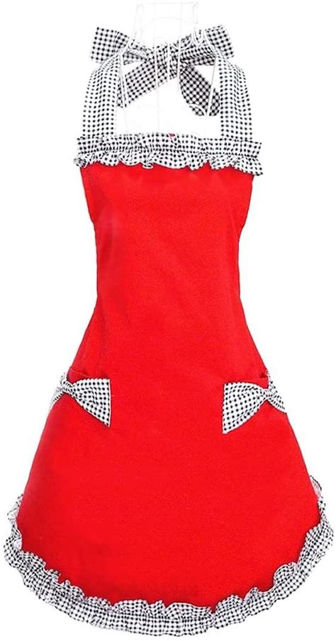 Hyzrz Cute Red Cotton Ruffle Youth Girls Apron Kitchen Cooking Aprons For Women With Pockets