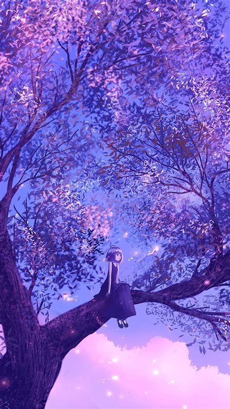 1080x1920 紫色の大きな木に座っているアニメの女の子 Iphone 76s6 Plus Pixel Xl One Plus 3