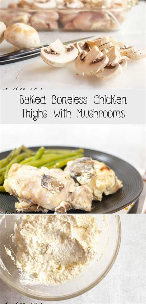 Paired with mushrooms and onion, this delicious main dish of baked chicken thighs is ready in about 35 minutes. Baked Boneless Chicken Thighs with Mushrooms - Keto, Low ...
