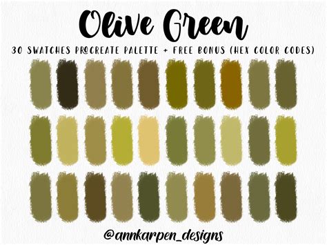 Olive Green Procreate Palette 30 Hex Color Codes Instant Digital