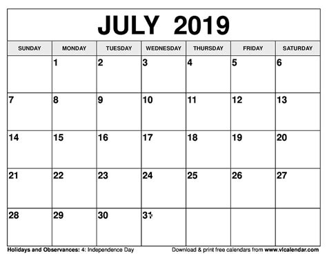 July 2019 Calendar Printable Templates On We Heart It