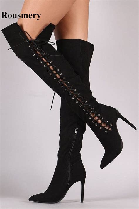 high quality women fashion pointed toe black suede leather over knee gladiator boots side lace