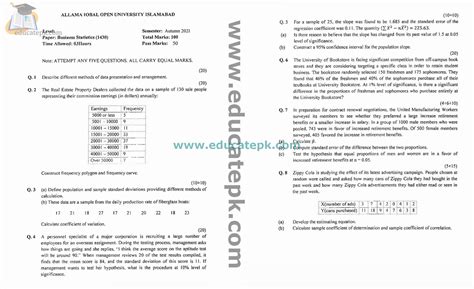 Past Papers Aiou Ba 1430 Business Mathematics And Statistics Ii