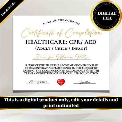 CPR Certificate Cpr Training Certificate Editable - Etsy