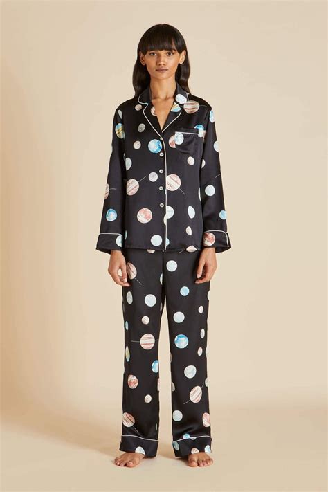 Olivia Von Halle The Lila Selene Black Planets Printed Luxury Silk Pyjama Set Silk Pajama