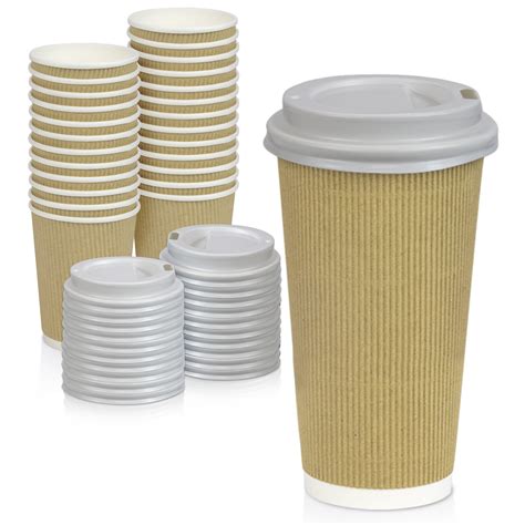 50 Pack Disposable Hot Cups With Lids 20 Oz Brown Double Wall