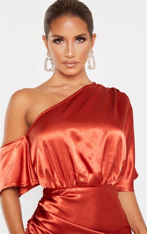 Rust Satin One Shoulder Ruched Skirt Midi Dress Ruched Skirt Rust