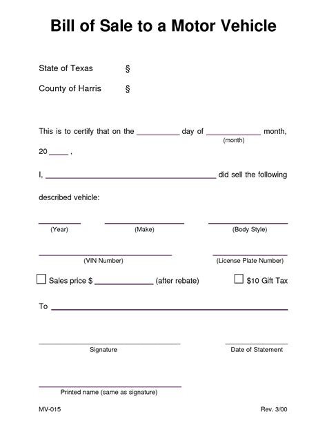 Free Printable Bill Of Sale For Car In Texas
