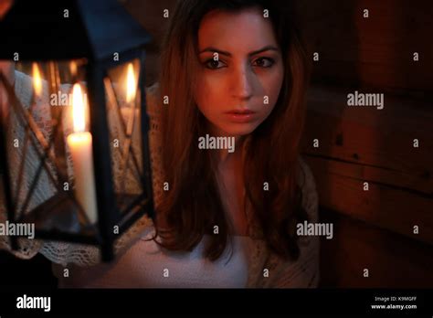 Woman Candle Lamp Dark Night Stock Photo Alamy