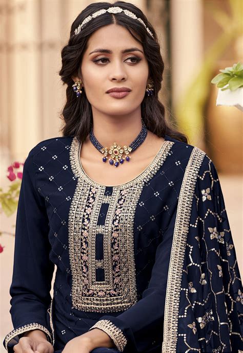 Buy Embroidered Georgette Pakistani Suit In Navy Blue Online Kch10655 Utsav Fashion