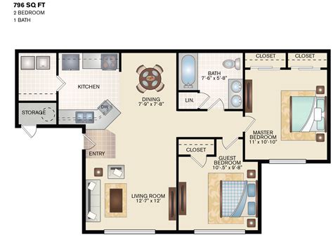 Two Bedroom One Bath Floor Plan 796 Sq Ft Floor Plans Apartment