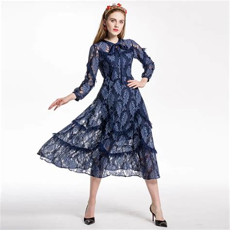 Uniquewho Girls Women Lace Dress Sexy Elegant Leaves Jacquard Hollow Dresses Long Sleeve Mid