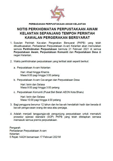 Notis Perkhidmatan Perpustakaan Awam Kelantan Sepanjang Tempoh Perintah