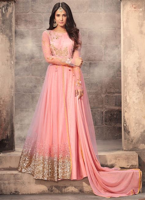Buy Pink Net Abaya Style Anarkali Suit Party Wear Embroidered Anarkali Suit Online Shopping