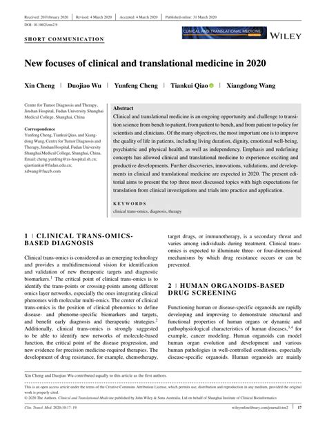 Pdf New Focuses Of Clinical And Translational Medicine In 2020
