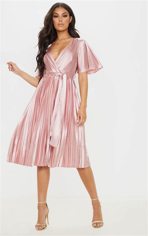 Mairee Dusty Pink Satin Pleated Midi Dress Prettylittlething