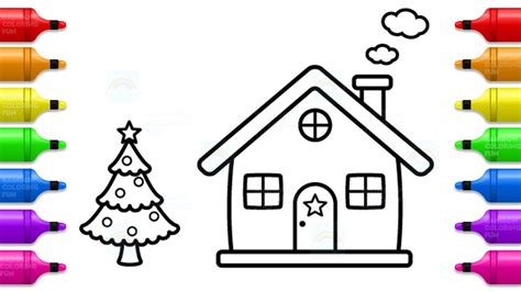 Children coloring book with an example of color. How to Draw Santa House - Christmas Tree and House ...