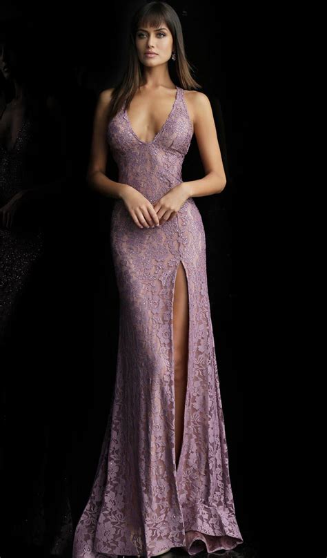Lyst Jovani 59592 Plunging V Neck Fitted Lace Evening Dress In Purple