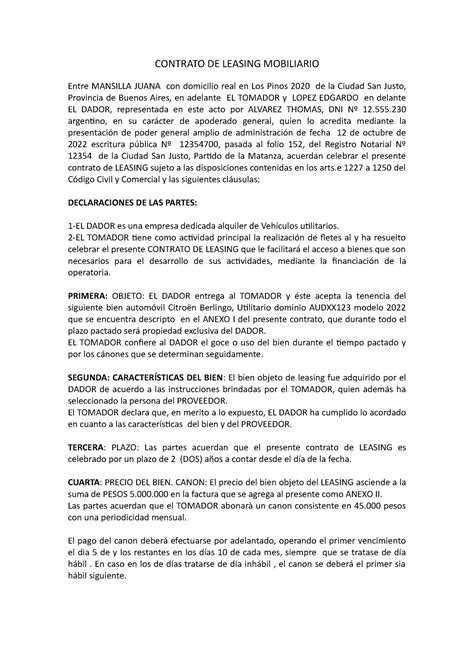 Contrato DE Leasing Mobiliario CONTRATO DE LEASING MOBILIARIO Entre MANSILLA JUANA Con