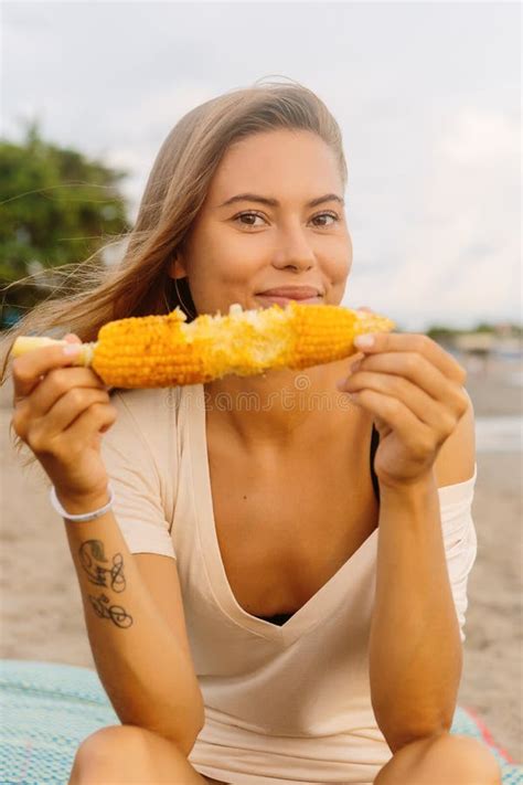 Beautiful Vegetarian Girl Eat Corn At Seaside Stock Image Image Of